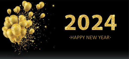 Wall Mural - Golden Balloons Golden Particles Confetti 2024 New Year Black