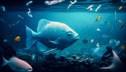 Fish swim between plastic debris in the ocean. Generative AI, Generative, AI