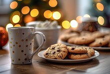 Christmas Homemade Gingerbread Cookie And Cup With Hot Chocolate With Marshmallows, Traditionally Made At Wintertime And The Holidays. Image Generated By Artificial Intelligence