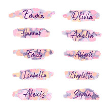 Cute Stickers With The Most Given Names For Female Babies In The USA, Emma, Olivia, Hannah, Amelia, Emily, Abigail, Isabella, Charlotte, Alexis And Sophia