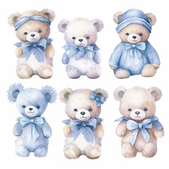 set of baby bear toys, blue cloths