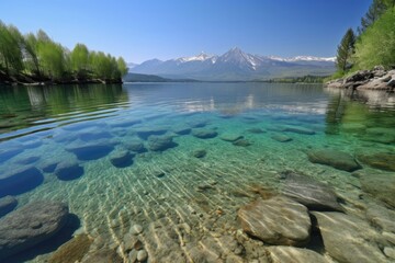 Wall Mural - crystal clear lake, with view of towering mountain range in the background, created with generative ai