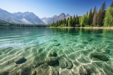 Wall Mural - crystal-clear lake with view of towering mountains in the background, created with generative ai