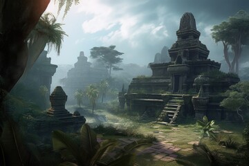 Poster - exotic destination, with view of the ruins of an ancient temple, created with generative ai