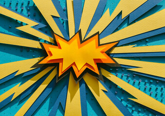 Handmade paper cutout pop art comic background with speech bubble. Cartoon flat style. In yellow and blue color. Lightning. Concept. 