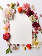 vertical top view blank card with flowers abstract organic flowers blooming floral on white backgrou