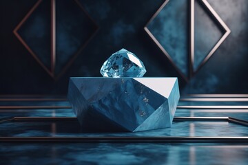 Marble podium with blue diamond and geometric shapes  .Generative AI