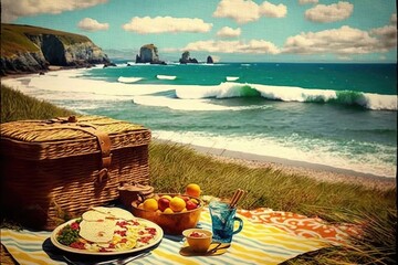 Wall Mural - picnic with view of the ocean in summertime, with waves rolling onto the shore, created with generative ai