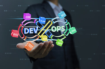 software developer show 3d dev ops development process in his hand. soft ware develoment concept.