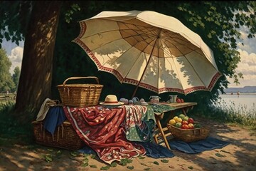 Wall Mural - outdoor picnic with quaint blanket, basket of food, and umbrella for shade, created with generative ai