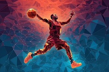 basketball player slam dunk in a warp galaxy energy low poly style illustration generative ai