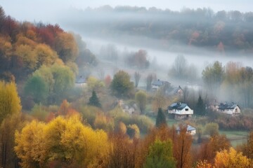 Wall Mural - misty autumn morning, with quiet village surrounded by misty forest, created with generative ai