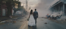 A Wedding Day Disaster. A Couple On Their Wedding Day Walking Through The Ruins After A Bushfire, Natural Disaster Or War. Generative AI