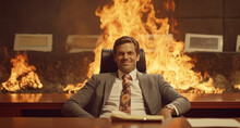 A Smug Overweight CEO Or Businessman Smiles While A Fire Burns In The Background. Corporate Waste, Corporate Greed, Unfettered Capitalism. Enron, FTX Collapse. Generative AI