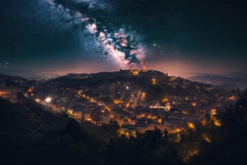 Wall Mural - nighttime view of mesmerizing galactic cityscape, with glowing buildings and stars in the sky, created with generative ai