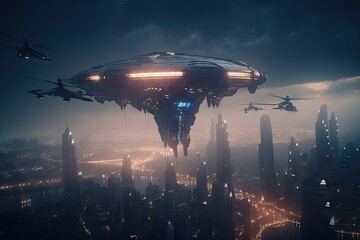 Wall Mural - cityscape with massive spaceship hovering above, ready to take off, created with generative ai