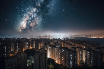 Wall Mural - starry night, with galactic cityscape in the background, created with generative ai