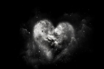 Wall Mural - heart-shaped nebula with starry background in black and white, created with generative ai