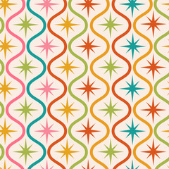 mid century colorful starbursts on ogee shapes seamless pattern. for home décor, wallpaper, retro po
