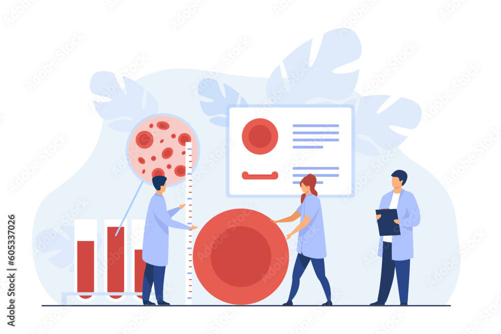 Tiny doctors studying big red blood cell vector illustration. Blood ...