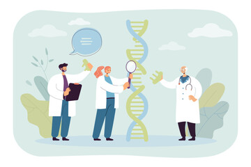 tiny scientists studying genetics vector illustration. doctors discussing high-tech research methods