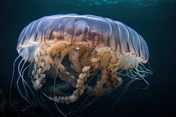 Wall Mural - close-up of jellyfish, with its delicate and intricate tentacles in full view, created with generative ai