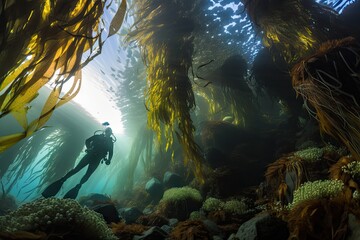 Wall Mural - diver admiring towering kelp forest, with schools of fish swimming among the fronds, created with generative ai