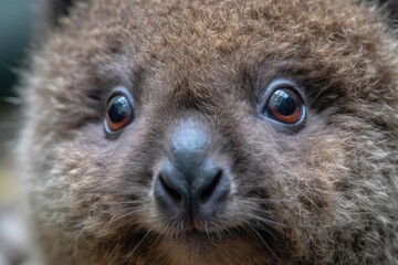 Wall Mural - close-up of koala's face, with its bright eyes and fluffy fur visible, created with generative ai