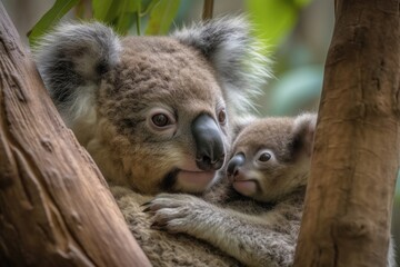 Wall Mural - peaceful scene of mother koala with its young clinging to her in the forest, created with generative ai