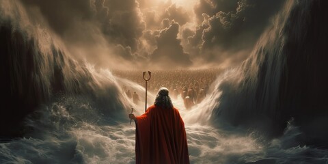 Wall Mural - Moses opening the Red Sea in the Exodus part of the Bible, generative ai