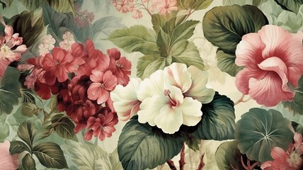 Wall Mural - Vintage exotic floral background pattern, generative ai