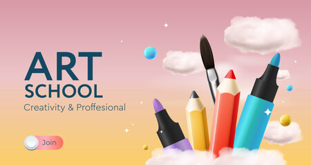 Wall Mural - Art school template with pencils and clouds