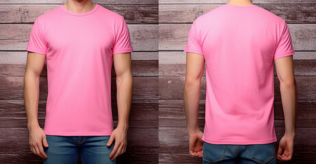 Wall Mural - plain pink t-shirt mockup template, photo studio with male model, with view, front and back, generative ai