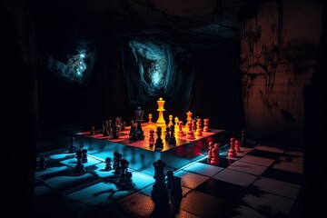 Wall Mural - neon chess game in dark, underground cavern with natural rock formations, created with generative ai