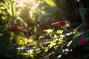 Wall Mural - butterflies fluttering through a lush garden, their wings shimmering in the sunlight, created with generative ai