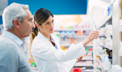 Canvas Print - Store shelf, senior man and pharmacy woman, advice and recommendation of pills, medicine or prescription drugs. Customer, healthcare support and female pharmacist helping old person with decision