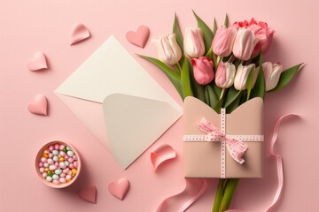 Mother's Day concept. Top view photo of bouquet of tulips tied with ribbon gift boxes open envelope with letter and heart shaped saucer with sprinkles, Generative AI