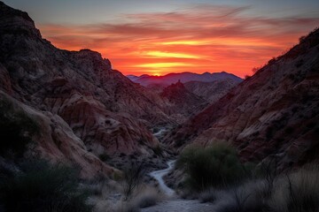 Wall Mural - fiery canyon sunsets, with silhouette of rugged mountain range in the background, created with generative ai