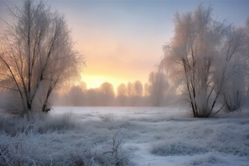 Wall Mural - winter sunrise, with misty morning meadows and snow-covered trees, created with generative ai