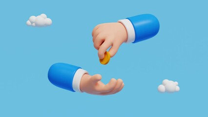 3D Cartoon character hand putting golden coin in other hand. Concept of money, Payment, partnership, salary, charity, corruption, gift, bribe. 4k 3D loop animation