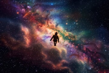 Wall Mural - space traveler, floating through the majestic nebula, with view of colorful and chaotic galaxy in th