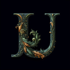 Sticker - The letter U in a mythical way on black background,Generative AI 