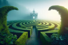 Footpath In Green Fantasy Labyrinth With Foggy Horizon. Generative AI