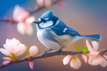 Blue Titmouse Bird On Cherry Blossom Branch, Sunny Day. The Illustration May Differ From The Real Bird. Generative AI