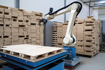 Wall Mural - palletizing robot, lifting and placing goods onto pallets with speed and precision, created with generative ai