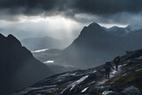 Fototapeta  - hikers on mountains with cloudy sky - generative AI