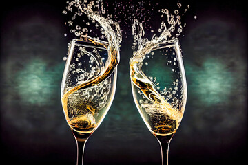 Two glasses of champagne with splashes and drops on a dark background. Generative AI