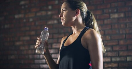 Poster - Relax, fitness or girl drinking water in training, workout or exercise to hydrate her body in gym studio. Fatigue, wellness or tired woman with a bottle for healthy liquid hydration on resting break