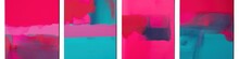 A series of four abstract paintings of pink, blue, and red. Generative AI image.