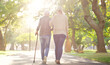 Walking, park and and woman with elderly mother for bonding, assistance and help outdoors. Nature, family and female person with disability with cane and adult daughter for wellness, relax or support